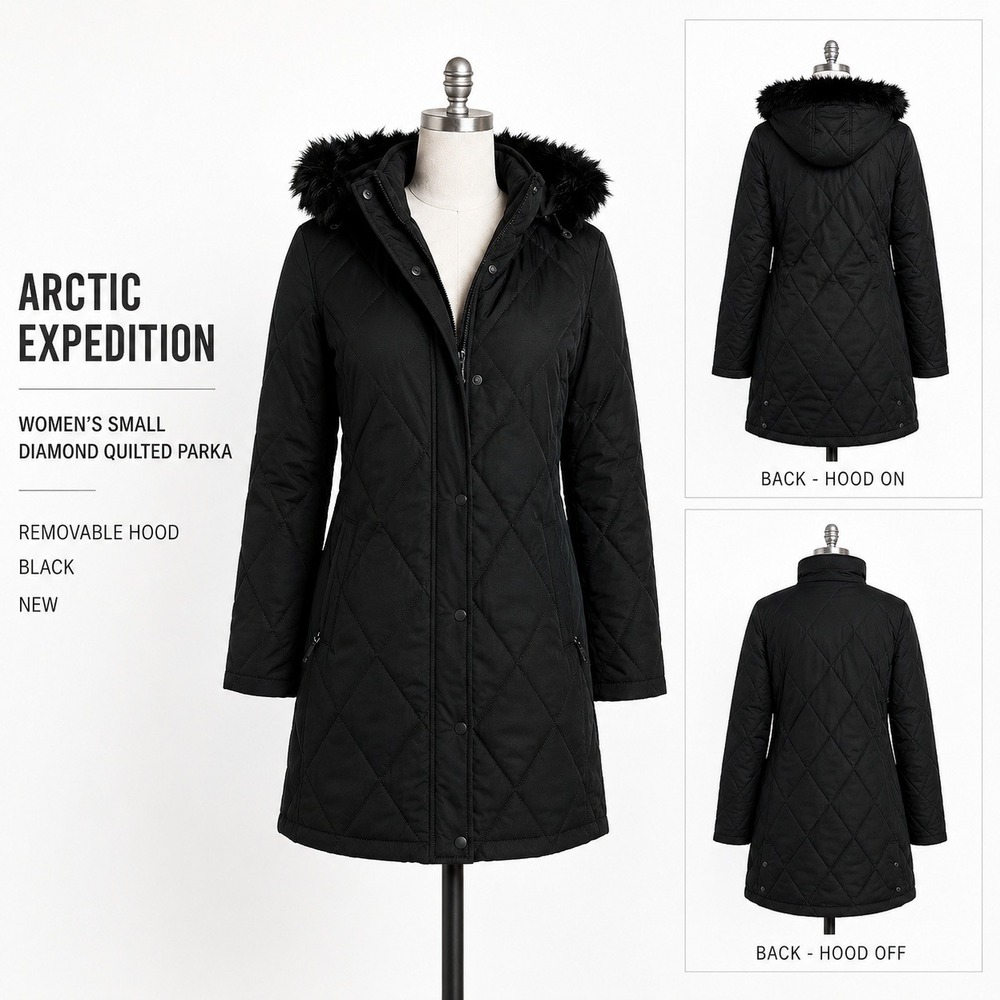 Arctic Expedition Womens Small Diamond Quilted Parka Removable Hood Black A66155